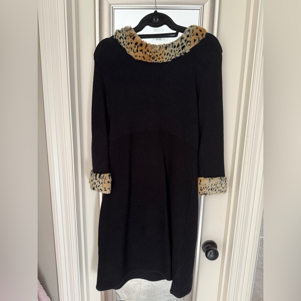 Black Sweater Dress with Leopard Fur Print Trim